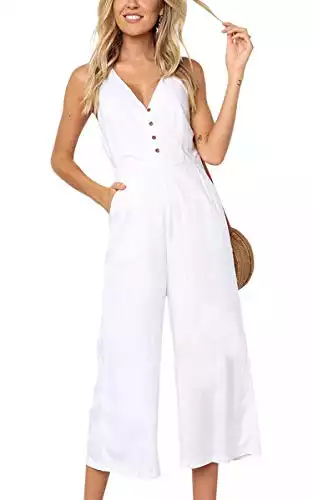 ECOWISH Womens Jumpsuits Casual Button Deep V Neck Sleeveless High Waist Wide Leg Jumpsuit Rompers with Pockets 103 White S