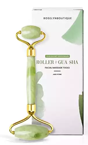 RoselynBoutique Natural Jade Roller For Face - Gua Sha Scraping - Aging Wrinkles, Puffiness Facial Skin Massager Treatment Therapy - Premium Authentic Himalayan Jade Stone - Include Bag, E-book