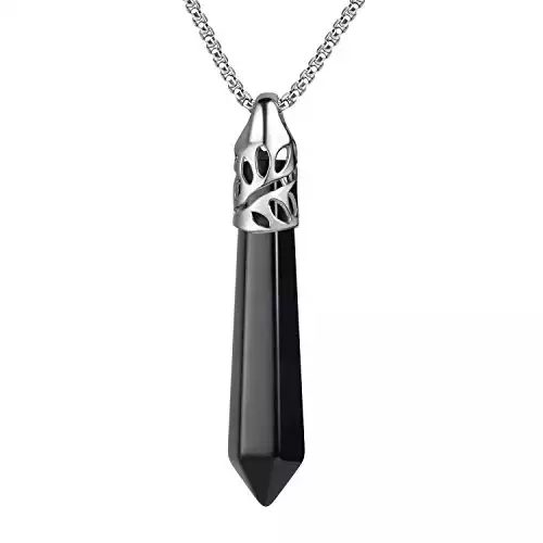 BEADNOVA Natural Black Onyx Gemstone Hexagonal 18" Pendant Necklace