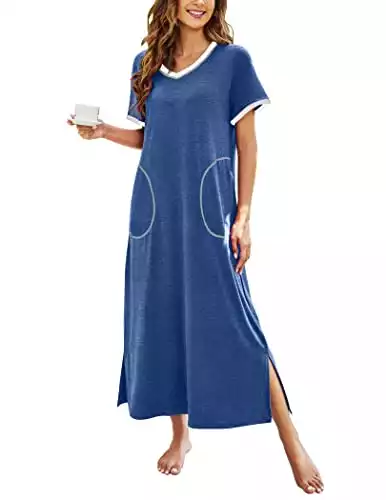 Ekouaer Sleepwear Women’s Nightshirt Short Sleeve Nightgown Ultra-Soft Full Length Sleep Dress (Blue, X-Large)