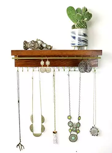 The Knotted Wood Jewelry Organizer, Necklace Holder and Earring Holder (12" Long, Stained Honey/Gold Metal Finish)