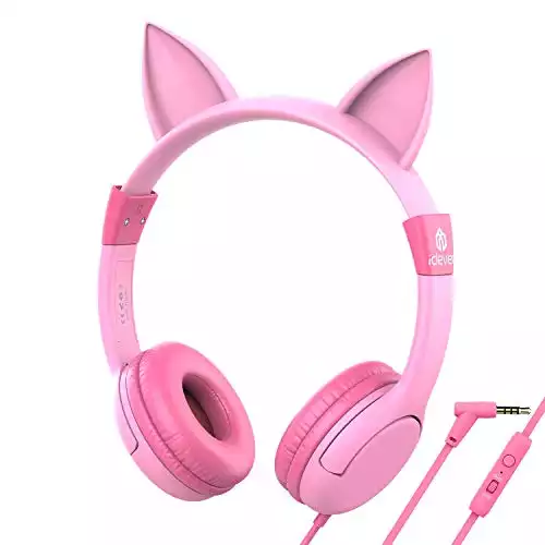 iClever BoostCare Kids Headphones, Wired Over Ear Headphones with Cat Ears, 85dB Volume Limited, Food Grade Silicone, 3.5mm Jack (HS01), Pink