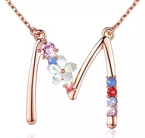 Flower Initial Necklace Amethyst Pink Opal Yellow Velvet Pendant Multi-Color Jewelry Made with Swarovski Zirconia Tone with Double Rose Gold Plated Great Bless to Yourself, Your Love and Your Friend-M
