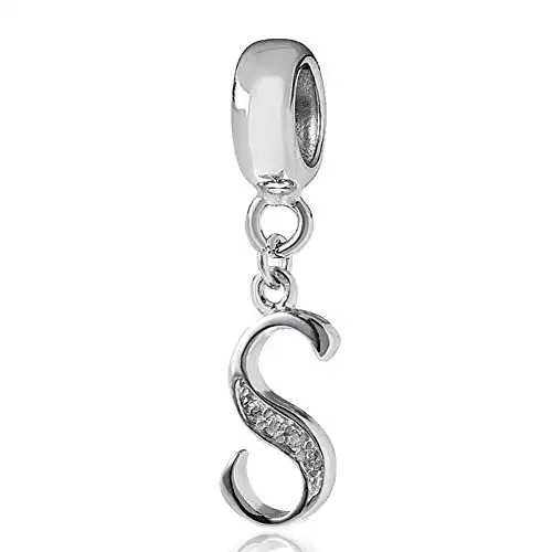 Alphabet Charm Letter Beads Solid 925 Sterling Silver with Cubic Stones, Complete A~Z Gift Options fit Pandora European Bracelets (S)