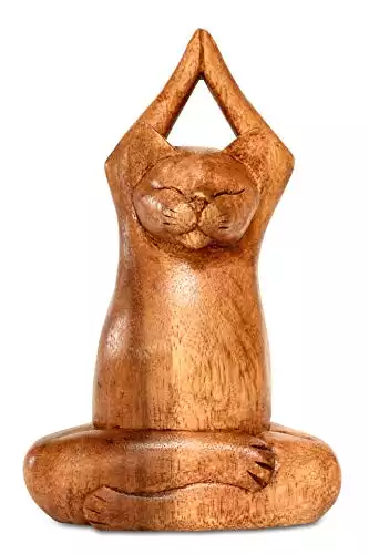 G6 COLLECTION 8" Wooden Hand Carved Siamese Cat Yoga Pose Statue
