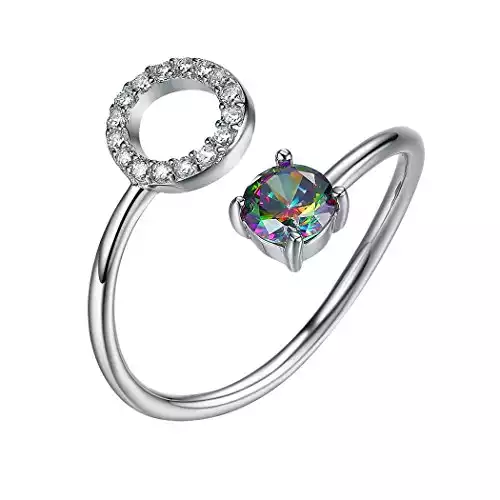 SILVERCUTE Sterling Silver Initial Ring Alphabet Jewelry Women Valentines Gift Mystic CZ End Open Rings （Letter O）