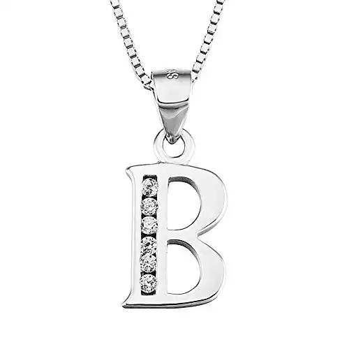 YFN S925 Sterling Silver 26 Letters Alphabet B with Cubic Zirconia Pendant Necklace (Alphabet B)