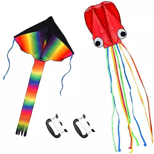 Listenman 2 Pack Kites - Large Rainbow Delta Kite and Red Mollusc Octopus with Long Colorful Tail for Children Outdoor Game,Activities,Beach Trip Great Gift to Kids Childhood Precious Memories