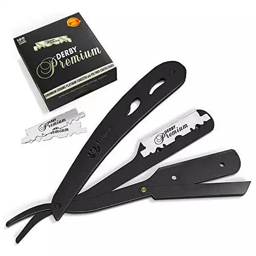 Equinox Professional Matte Black Straight Edge Razor with 100 Single Edge Derby Premium Blades