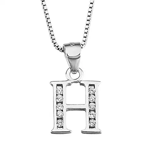 YFN S925 Sterling Silver Cubic Zirconia 26 Letters Alphabet Personalized Charm Pendant Necklace (Alphabet H)