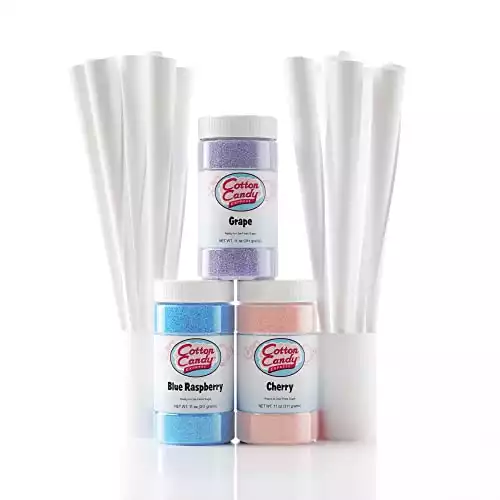 Cotton Candy Express Fun Pack | Kit Features Cherry, Blue Raspberry & Grape Floss Sugars (11 oz Each) & 50 Paper Cones | Best Cotton Candy Maker Supplies | For Home or Commercial Use