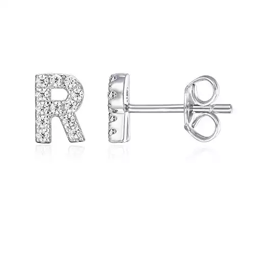 PAVOI 925 Sterling Silver CZ Simulated Diamond Stud Earrings Fashion Alphabet Letter Initial Earrings - R