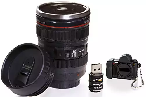 Camera Lens Coffee Mug, 13.5 Oz :: Exact Replica of Canon EF 24-105mm Lens :: Comes with 16GB USB Flash Drive :: Durable PVC & Stainless Steel :: Great Gift Set for Photographers by Indie Camera G...