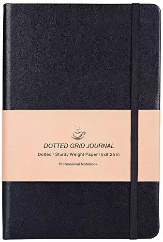 Dotted Grid Notebook/Journal - Dot Grid Hard Cover Notebook, Premium Thick Paper with Fine Inner Pocket, Black Smooth Faux Leather, 5''×8.25''