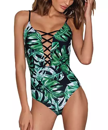 dilinte One Piece Swimwear Front Strappy Cross Women’s Swimsuit Floral Print Bathing Suit (M, Print # 5)