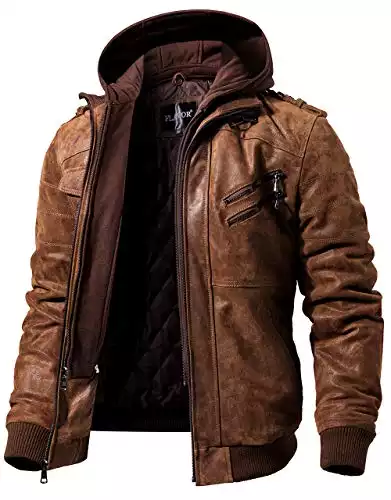 FLAVOR Men Brown Leather Motorcycle Jacket with Removable Hood (Medium (US Standard), Brown)