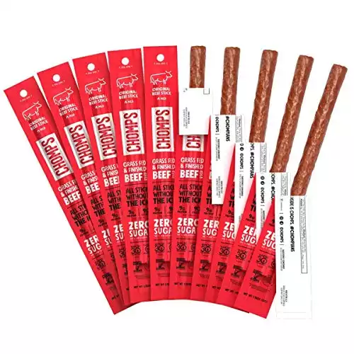 CHOMPS Grass Fed Beef Jerky Snack Sticks, Keto & Paleo Friendly, Whole30 Approved, Non-GMO, Gluten & Sugar Free, 100 Calorie Snacks, 1.15 Oz Meat Stick, Pack of 10