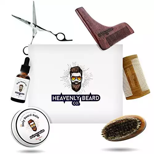 Beard Grooming Kit Gift Set - 2oz Bay Rum Beard Balm Conditioner, 1oz Sandalwood Beard Oil, Brush, Comb, Trimming Scissors by HBCO