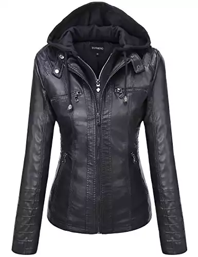 Tanming Women's Removable Hooded Faux Leather Jackets (X-Large, Black)