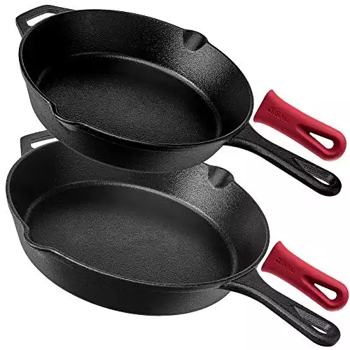 Pre-Seasoned Cast Iron Skillet 2-Piece Set (10-Inch and 12-Inch) Oven Safe Cookware | 2 Heat-Resistant Holders | Indoor and Outdoor Use | Grill, Stovetop, Induction Safe