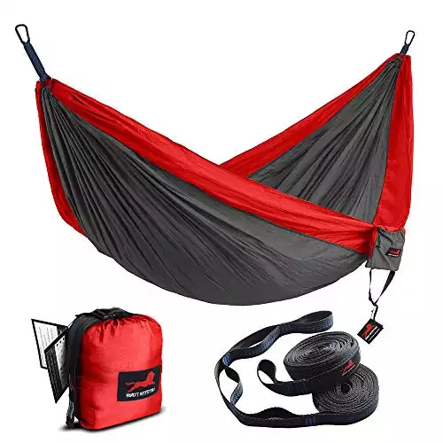 HONEST OUTFITTERS Double Camping Hammock with Hammock Tree Straps,Portable Parachute Nylon Hammock for Backpacking Travel 118" W x 78" L Red/Charcoal