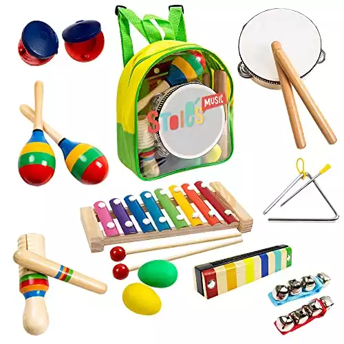 18 pcs Musical Instruments Set for Toddler and Preschool Kids – Tomi Music Toy - Wooden Percussion Toys for Boys and Girls Includes Xylophone - Promotes Early Development and Educational Learning.