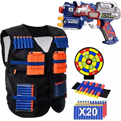 POKONBOY Vest Compatible with Nerf Guns - Blaster Gun and Tactical Vest with Wrist Band, Foam Darts and Dartboard for Kids Boys Use (Gift Box Included)