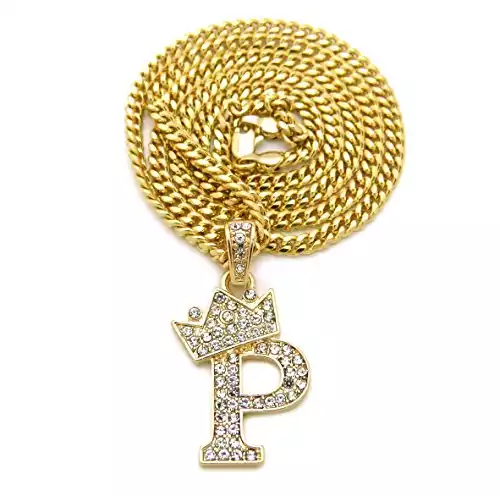 Fashion 21 Unisex Small Size Pave Crown Tilted Initial Alphabet Letter Pendant 3mm 24" Cuban Chain Necklace in Gold, Silver Tone (P - Gold Tone)