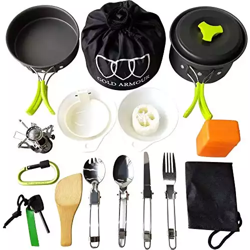Gold Armour 10-17Pcs Camping Cookware Mess Kit Backpacking Gear & Hiking Outdoors Bug Out Bag Cooking Equipment Cookset | Lightweight, Compact, Durable Pot Pan Bowls (Green, 17pcs)