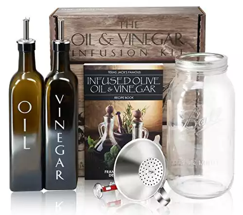 Olive Oil & Vinegar Infusion Kit | Recipe & Instruction Book | Oil and Vinegar Dispenser Set | Mason Jar | Funnel Strainer | Kitchen Thermometer. Trendy Oil Bottle & Vinegar Cruet - Best C...