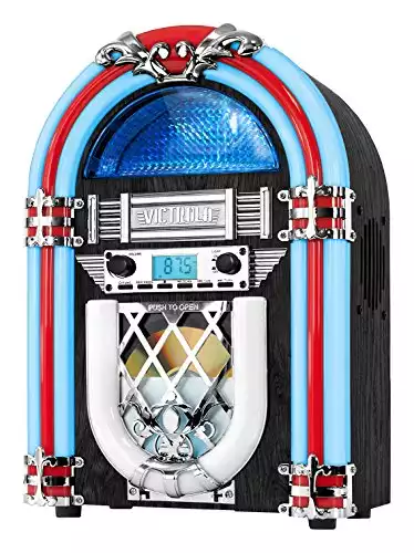Victrola Retro Desktop Jukebox with CD Player, FM Radio, Bluetooth, and Color Changing LED Lights, 15-Inch Tall