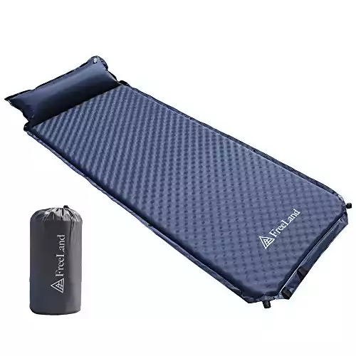 Freeland Camping Sleeping Pad Self Inflating with Attached Pillow, Compact, Lightweight, Large, Dark Navy Blue Color