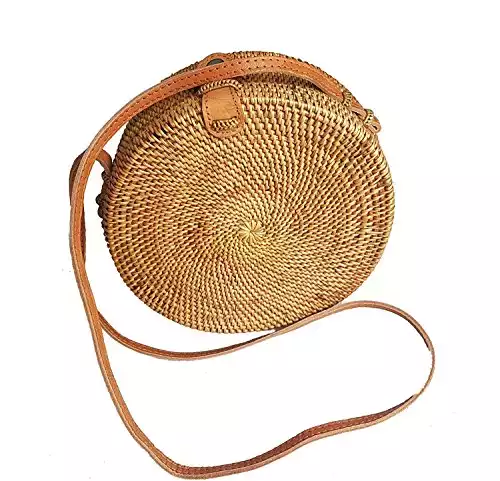Rattan Nation - Handwoven Round Rattan Bag (Plain Weave Leather Closure), Straw Bag