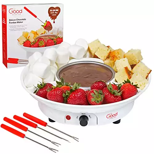 Chocolate Fondue Maker- Deluxe Electric Dessert Fountain Fondu Pot Set with 4 Forks and Party Serving Tray - A Great Valentine's Day Gift!