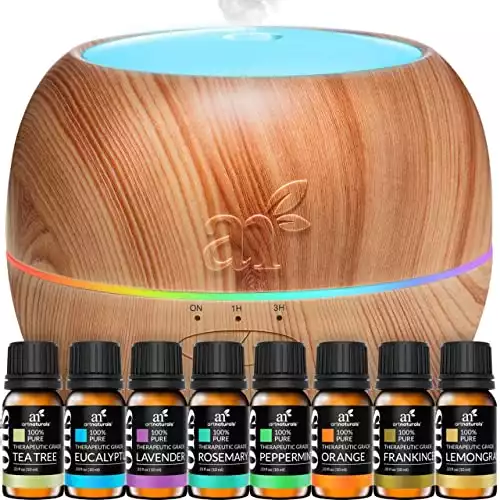 ArtNaturals Aromatherapy Essential Oil and Diffuser Gift Set - (150ml Tank & Top 8 Oils) - Peppermint, Tee Tree, Lavender & Eucalyptus - Auto Shut-off and 7 Color LED Lights – Therapeutic Gr...