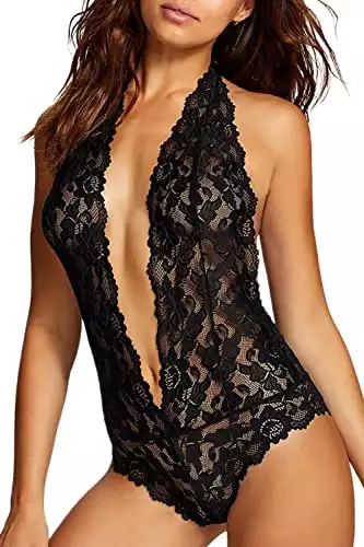 EVELUST Womens Sexy Open Back Halter Plunging Teddy,Comfortable Scalloped Trim Lace Lingerie(Black,S)