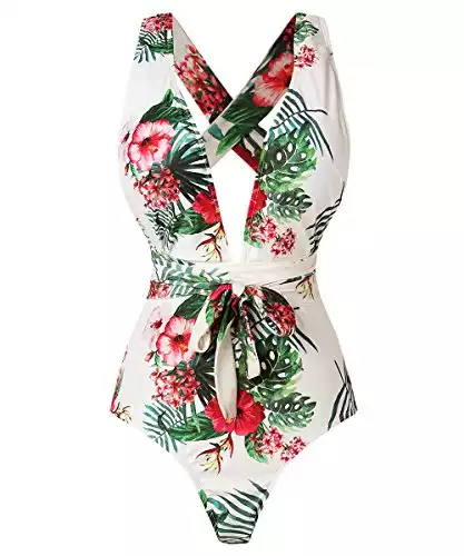 Begonia.K Women's Tropical Print Deep V-Neck Criss Cross Floral One Piece Swimsuit