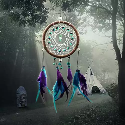 AWAYTR Forest Dreamcatcher Gift Handmade Dream Catcher Net with Feathers Wall Hanging Decoration Ornament (Turquoise Stone Feather Dream Catcher)