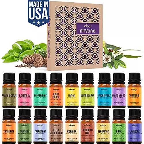 Natrogix Nirvana Essential Oils - Top 18 Essential Oil Set 100% Pure Therapeutic Grade 18/10ml Incl. Lavender, Moroccan Rosemary, Tea Tree, Eucalyptus, Lemongrass and 13 More w/Free E-Book
