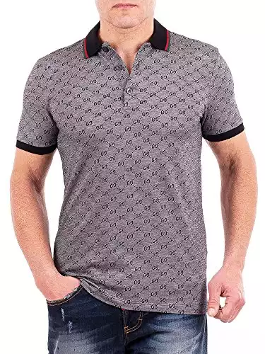 Gucci Polo Shirt, Mens Gray Short Sleeve Polo T- Shirt GG Print All Sizes (XL)