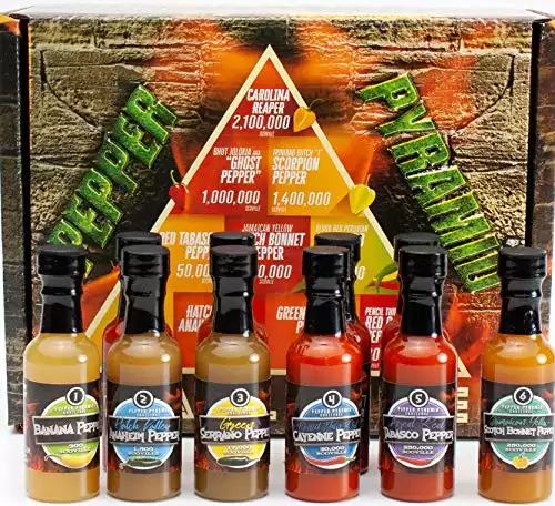 Hot Sauce Gift Set Pepper Challenge - 10 Sauces, From 10 Hot Peppers, the Hottest Carolina Reaper, 2 million Scoville Units, to the Mild Banana Pepper at 300. The Pepper Pyramid Sampler by, BYOB