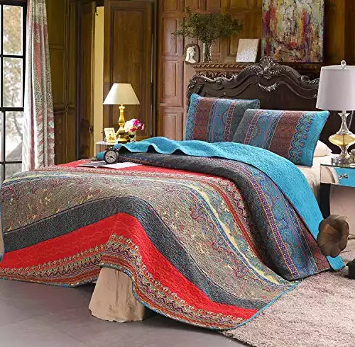 Exclusivo Mezcla 100% Cotton 3-Piece Paisley Boho Queen Size Quilt Set/Bedspread- Lightweight, Reversible& Decorative