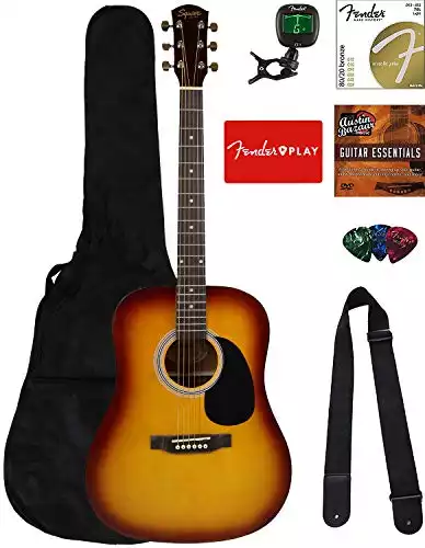Fender Squier Dreadnought Acoustic Guitar - Sunburst Bundle with Fender Play Online Lessons, Gig Bag, Tuner, Strings, Strap, Picks, and Austin Bazaar Instructional DVD