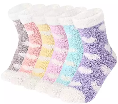Plush Slipper Socks Women - Colorful Warm Crew Socks Cozy Soft 6 Pairs for Winter Indoor (Heart-shaped Pattern)