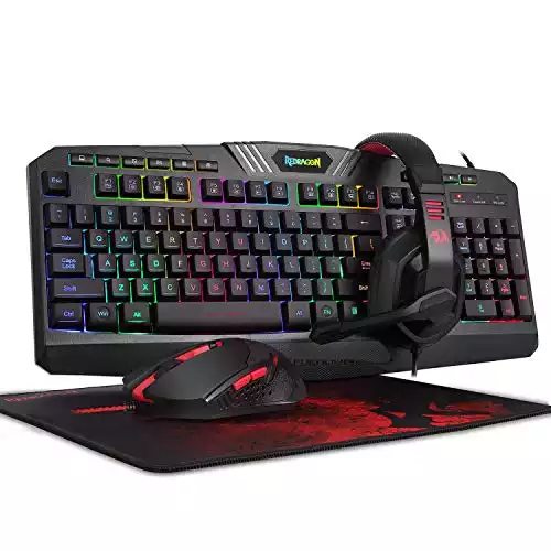 Redragon S101-BA Gaming Mouse, Keyboard, Headset with Microphone Mouse Pad Combo, RGB LED Backlit 104 Keys USB Wired Ergonomic Wrist Rest Keyboard for Windows PC Gamer - [Keyboard Mouse Headset Pad]